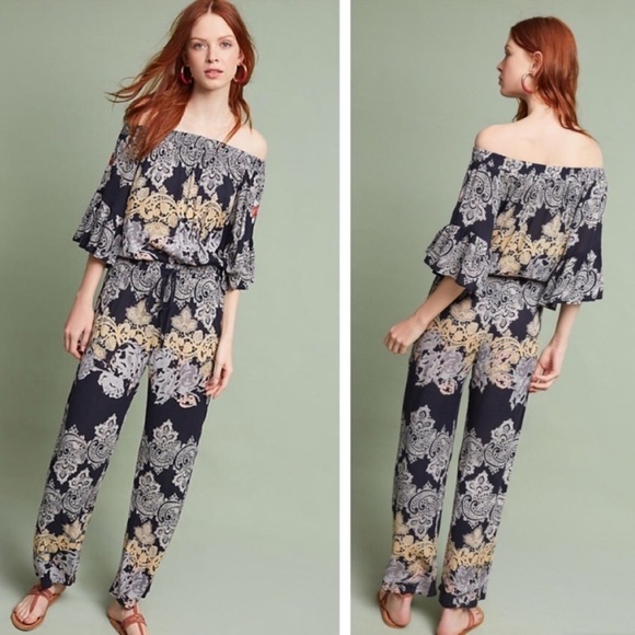 Raga Anthropologie Jolie Off Shoulder Ruffled Smocked Jumpsuit Medium NWT - Picture 2 of 13